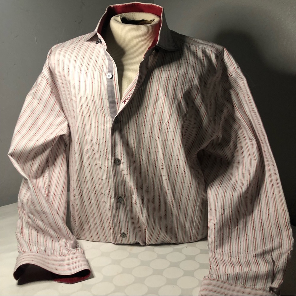 Maceoo Button Shirt Mens 2XL XXL 6  White Stripe Red Casual Preppy Designer Men